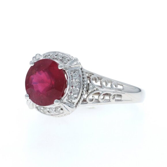 White Gold Ruby Diamond Halo Ring - 10k Round 4.62ctw - Picture 3 of 7